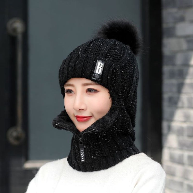 “B-label Shiesty” - knitted, plush, pullover ear protection hat for women with zippered neckband.