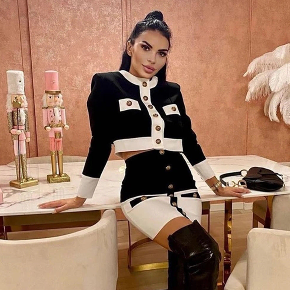 New style socialite temperament metal buckle black and white color matching short knitted cardigan+hip wrap bandage skirt two-piece set