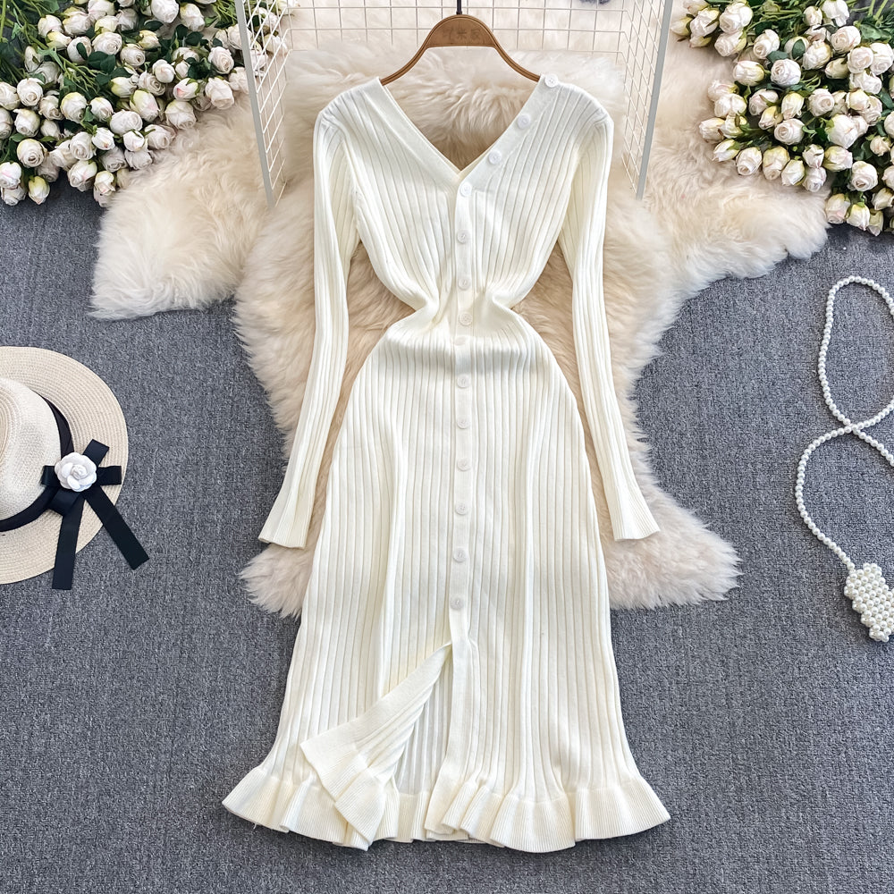 Feminine and socialite temperament long sleeved V-neck backless waist cinched mid length single breasted A-line knitted fishtail dress autumn