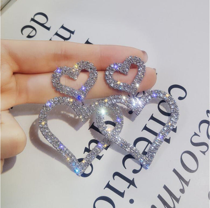 S925 Silver Needle Stud Fashion Exaggerated Diamond Double Heart Earrings Temperament Versatile Long Peach Heart Earrings Women