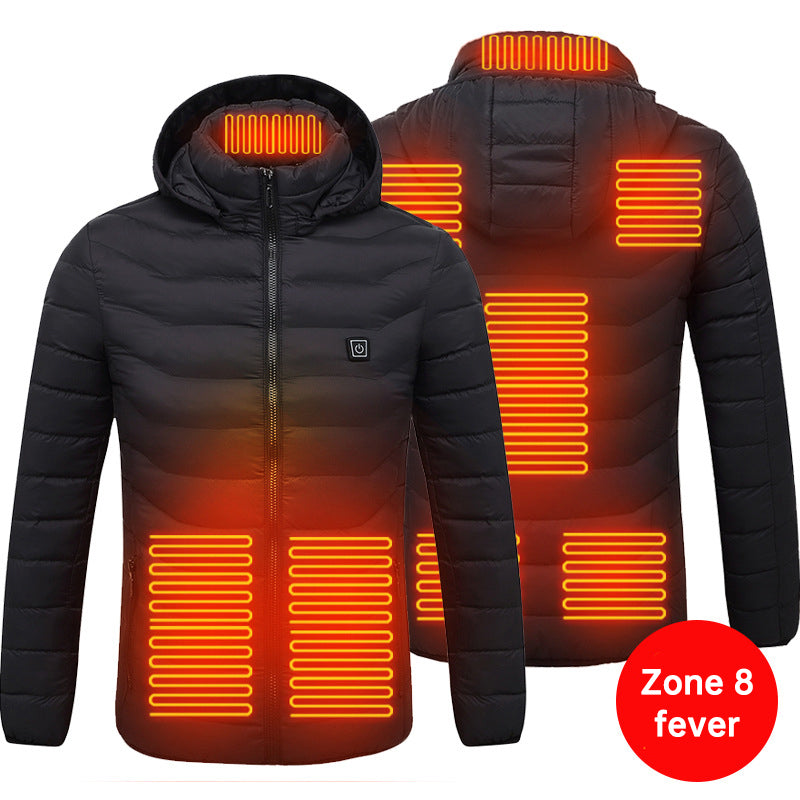 USB Rechargeable Smart Electrical 8 Plate Heating Winter Waterproof Mens Womens Long Sleeve Hoodie Down Jacket NO POWER BANK