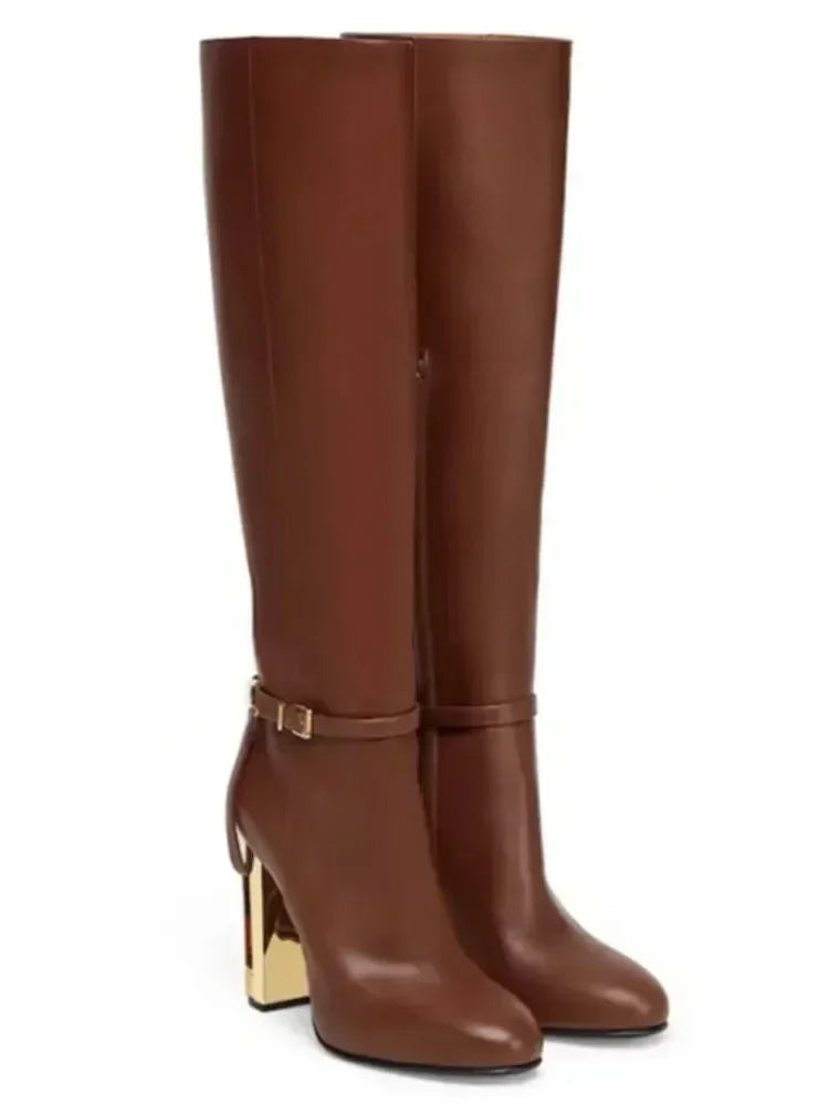 New Out Thick High Heels, Knee High Boots, Round Toe Sleeve Boots, Knight Boots