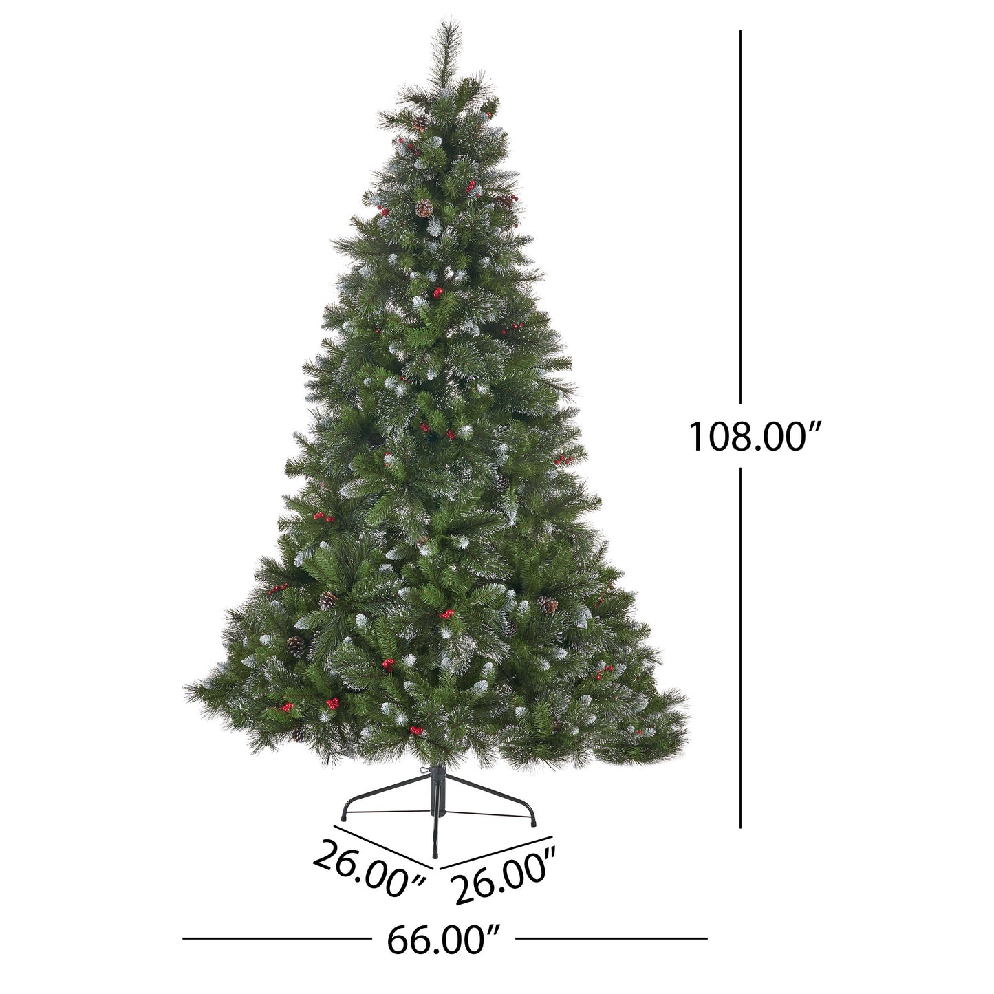 Christmas Tree - 9' Glitter Bristle Mixed Hinged Tree with 72 Red Berry and 73 Pine Cones and 2099 tips,Dia:66