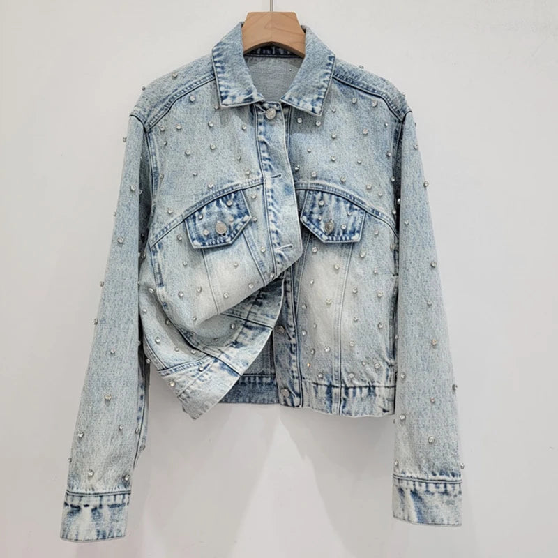 Fashion Women's Suits Diamond Button Lapel Denim Coat High Waist A-line Skirt Set Female Autumn New Trendy