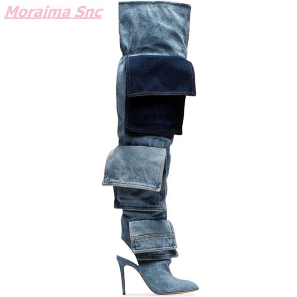 Patchwork Denim Women's Boots Slip-On Pointed Toe Over-the-Knee Fashion Turned-over Edge Cool Modern Boots