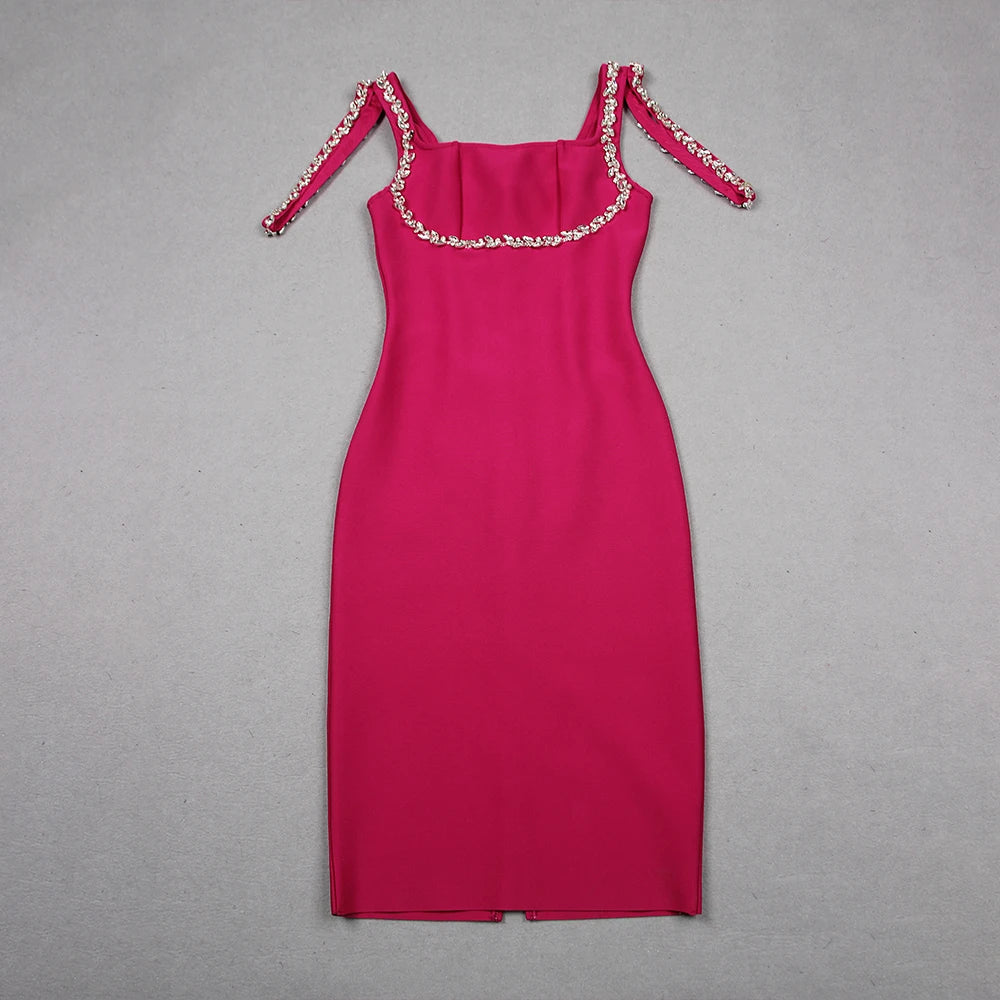 2025 Rose Red Spaghetti Strap Bandage Dress