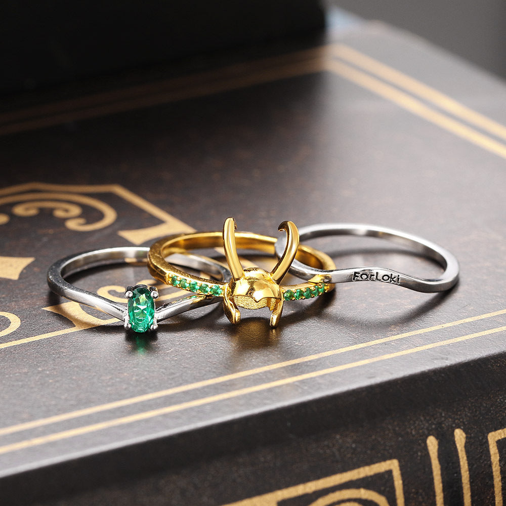 Creative Three In One Loki Loki Ring New Three-Layer Helmet Ring Set With Copper And Zircon