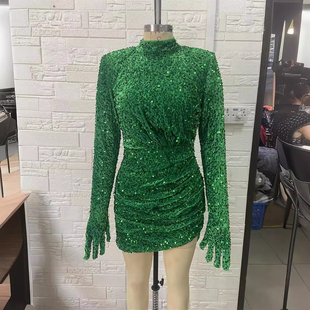 Green sequin velvet sleeves small high necked dress fashionable party performance dress