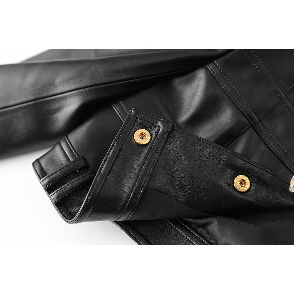 PU leather splicing small round neck shoulder pad cardigan high street style small jacket top temperament small jacket