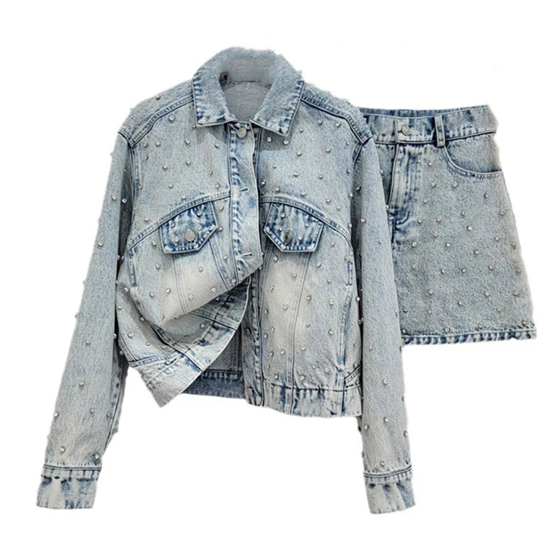 Fashion Women's Suits Diamond Button Lapel Denim Coat High Waist A-line Skirt Set Female Autumn New Trendy