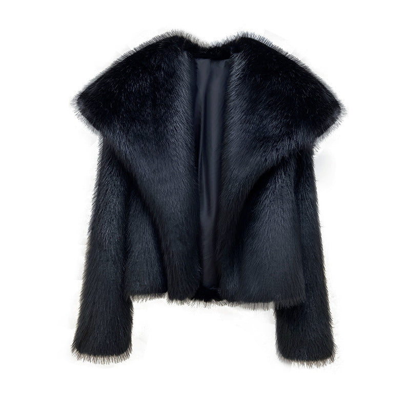 Fashionable large lapel faux fur coat, elegant and socialite, long sleeved warm coat, fur top