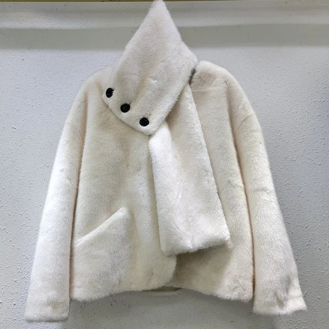 Winter New Fashion Scarf Mink Fur Warm Jacket For Women Loose Solid Color Single-breasted Short Coat Female