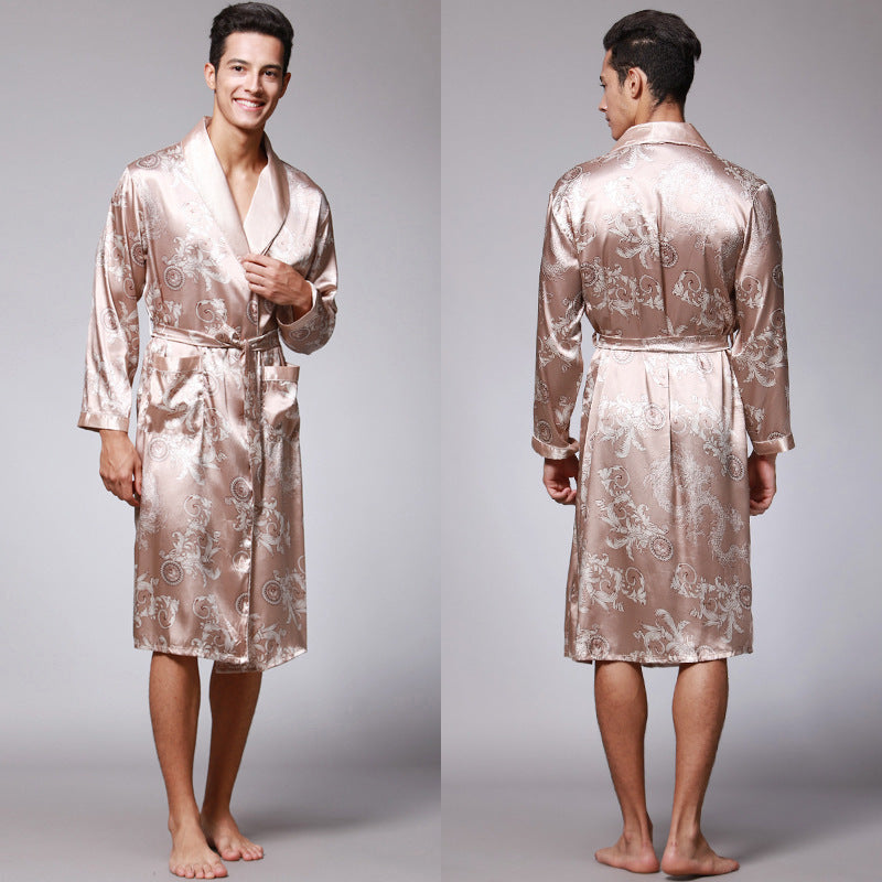 Nightgown Silk Ice Silk Men's Pajamas Men's Long Sleeve Nightgown Bathrobes Home Clothing