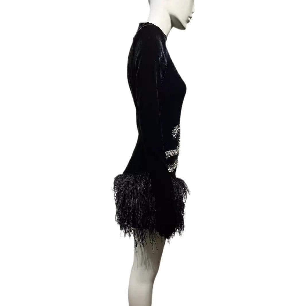 Diamond Feather Skirt Black Shoulder Padded Short Dress Fashionable Retro Banquet Performance Dress