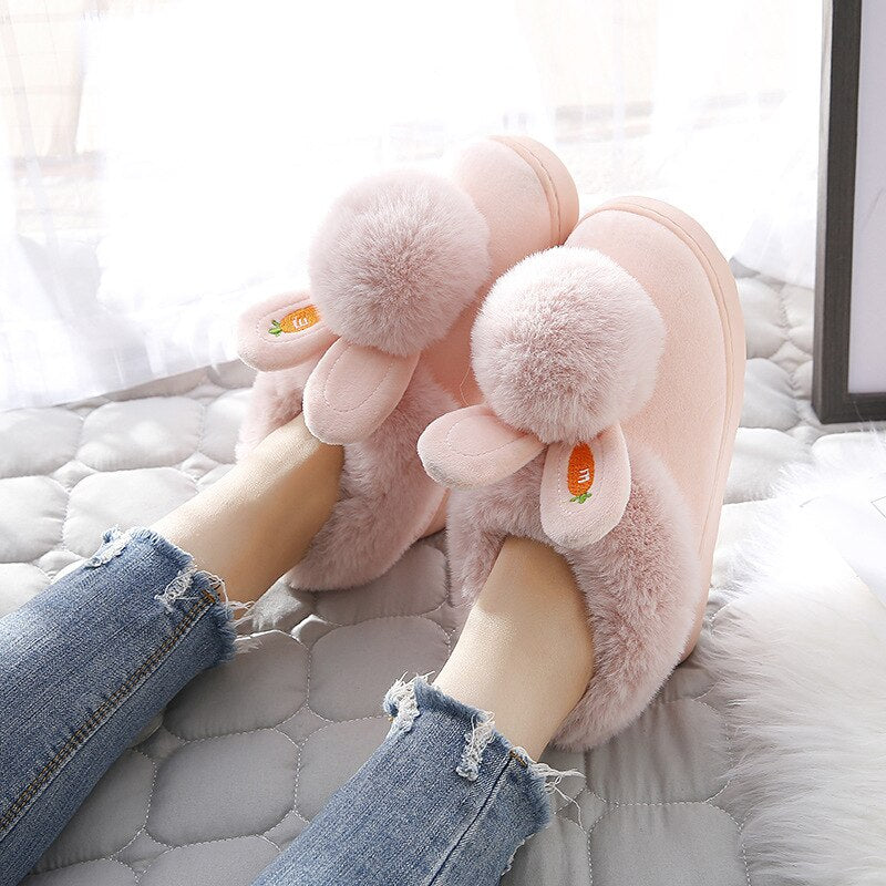 Winter Cotton Slippers Indoor Thick Bottom Autumn Winter Warm Shoes Cute Lovely Rabbit Ear Plus Plush Slippers Shoes Women