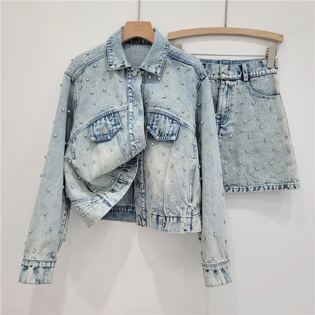 Fashion Women's Suits Diamond Button Lapel Denim Coat High Waist A-line Skirt Set Female Autumn New Trendy