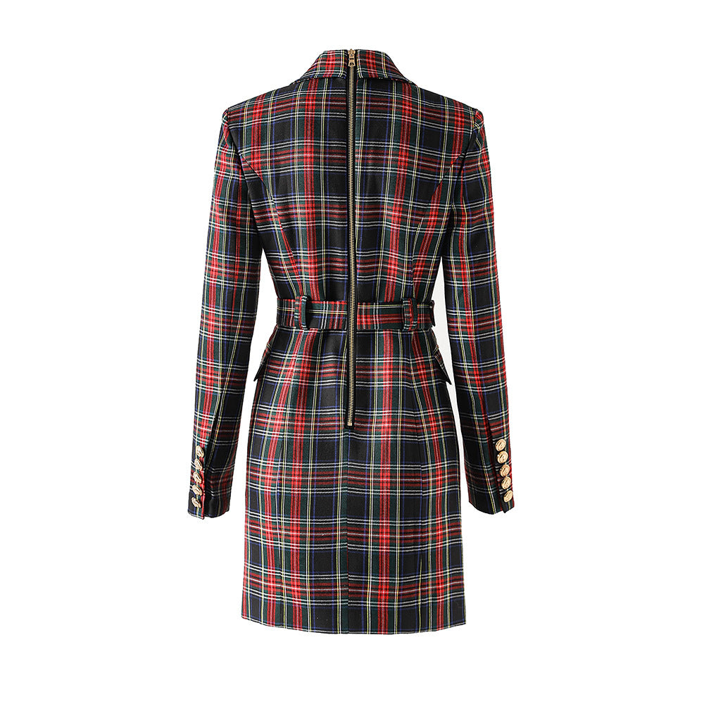 ‘B: The Beginning’ - Red and black checkered temperament waist cinching suit skirt B-belt skirt commuting suit dress