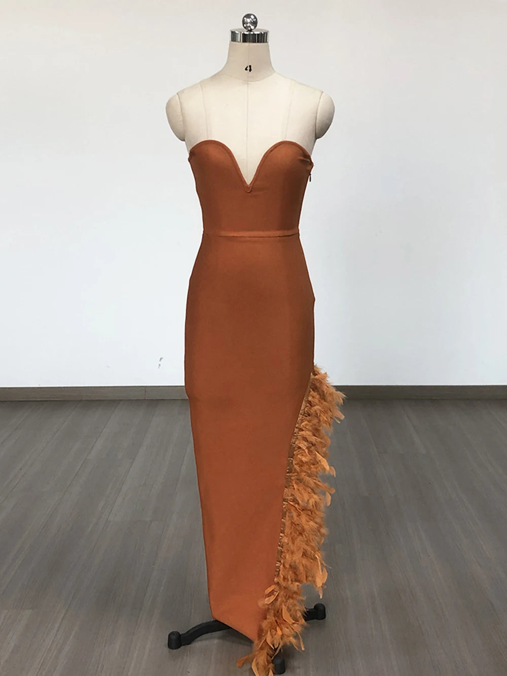 Strapless V-neck off shoulder backless feather split socialite bandage dress for women