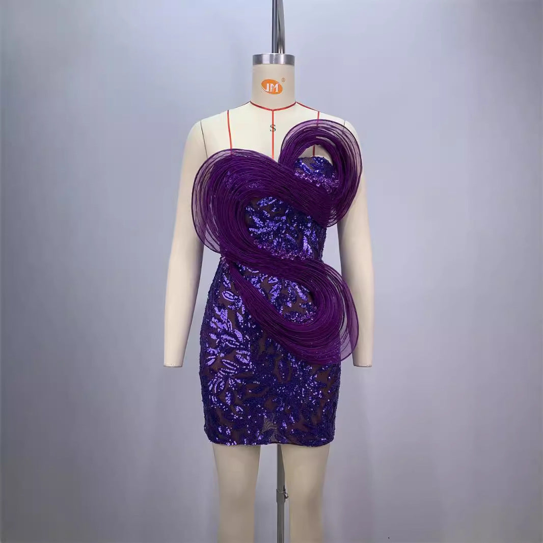 Fashionable backless one shoulder design strapless mesh sequin tight purple mini dress
