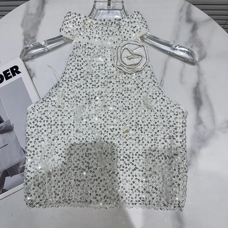 New Fashion Women's Rhinestone Flower Feather Off Shoulder Hanging Neck Vest Back Zipper Design Tops