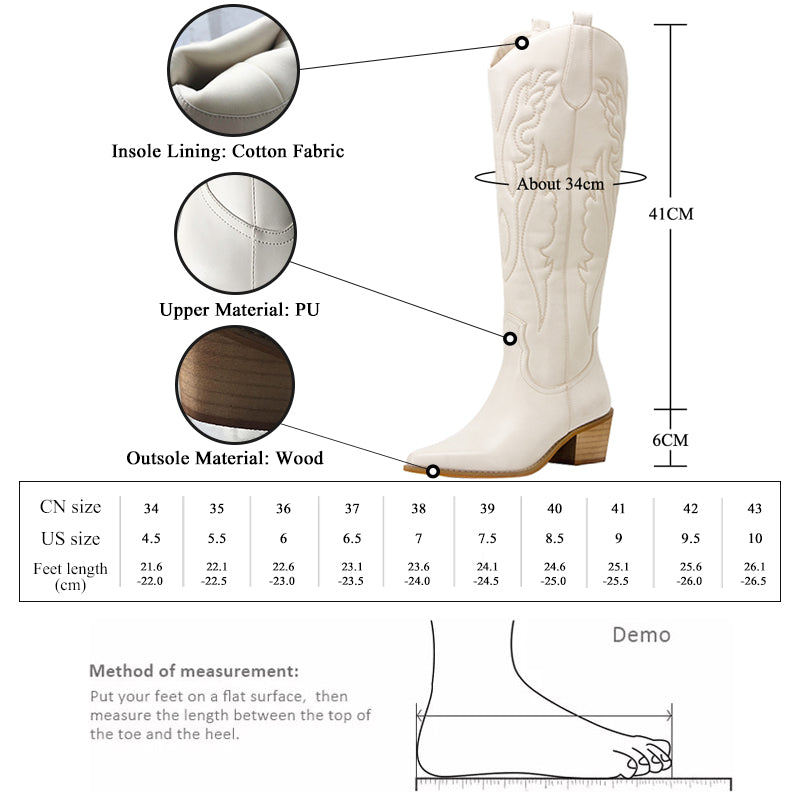 Women 's Embroidered Western CowBoy Shoes Knee High Boots PU Chunky Heel Platform Boots Pointed Toe Punk Style