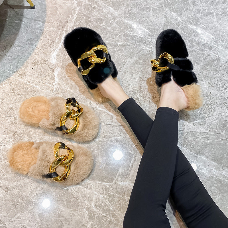 House of Hutson Original Black Fluffy Slippers with Gold Buckle