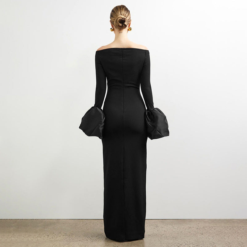 House of Hutson Evening Gown: Women's dress with one shoulder flower bud cuffs solid color long skirt