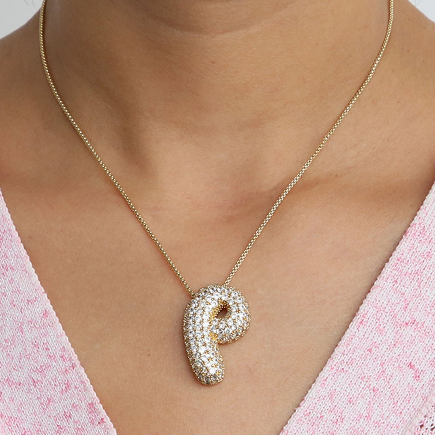 Brass Zircon Balloon Bubble Fat 26 English Letter Necklace