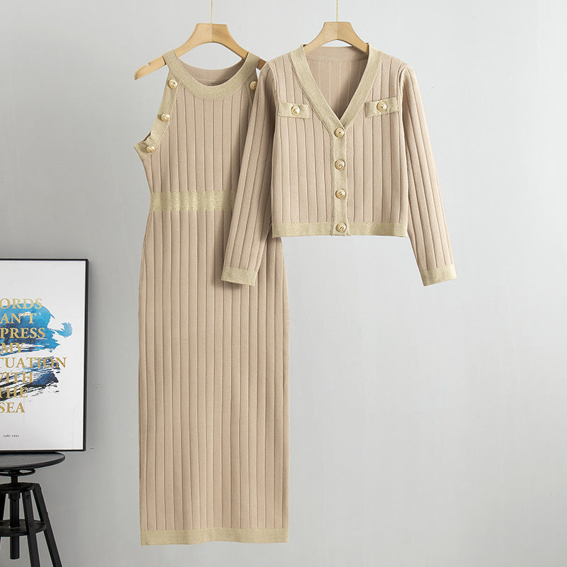 French style socialite high waisted fashionable two-piece woolen dress autumn new item knitted sweater vest dress