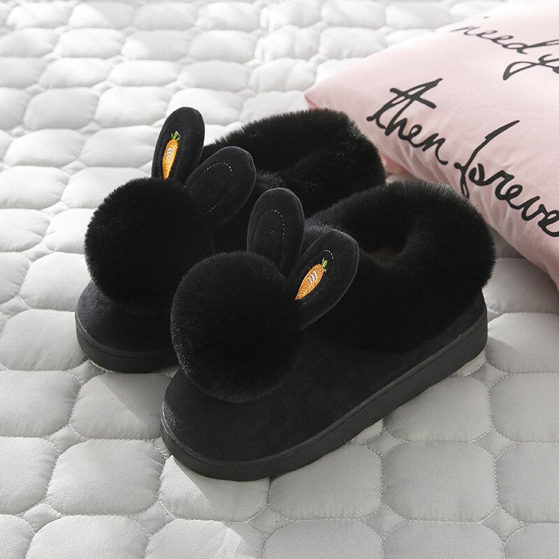 Winter Cotton Slippers Indoor Thick Bottom Autumn Winter Warm Shoes Cute Lovely Rabbit Ear Plus Plush Slippers Shoes Women