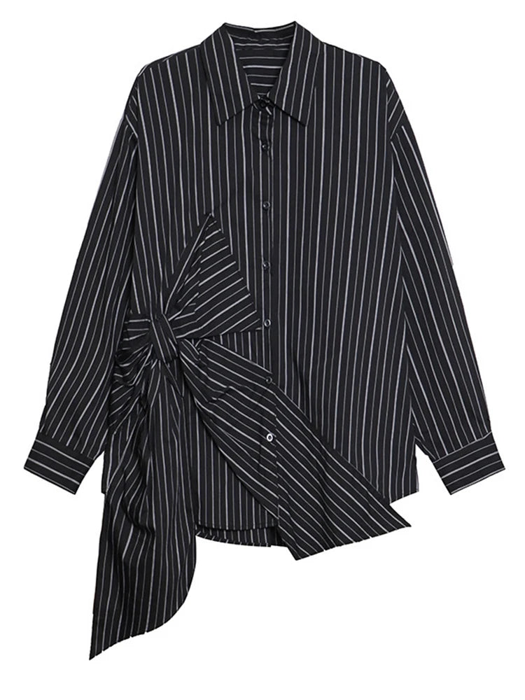 Fashion Women's Black Striped Shirt Lapel Loose Single Breasted Bow Irregular Long Sleeves Blouse Autumn New
