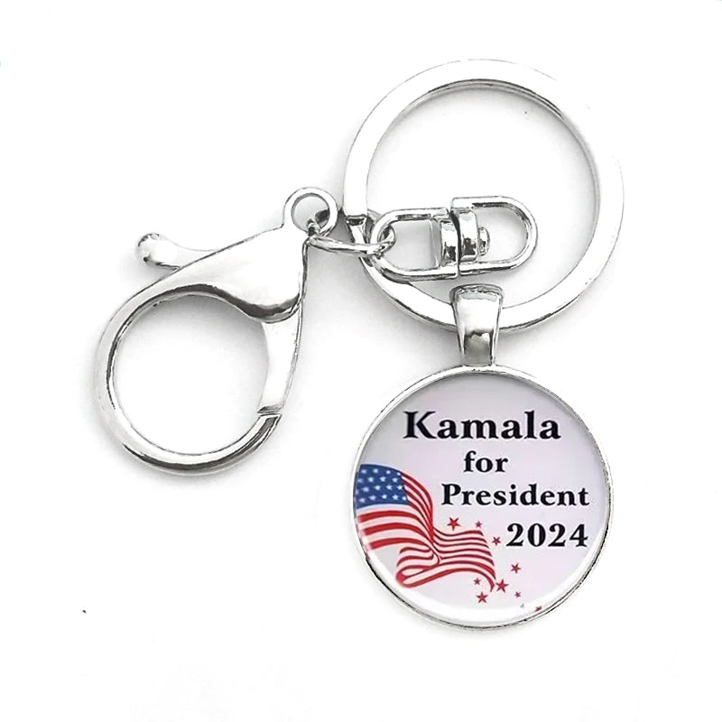 Kamala Harris Keychain With Clasp Classic Round Glass Pendant Key Holder Keyring For Men Women