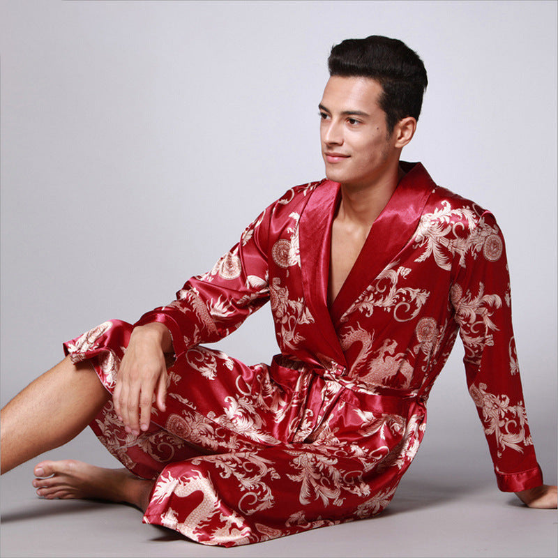 Nightgown Silk Ice Silk Men's Pajamas Men's Long Sleeve Nightgown Bathrobes Home Clothing