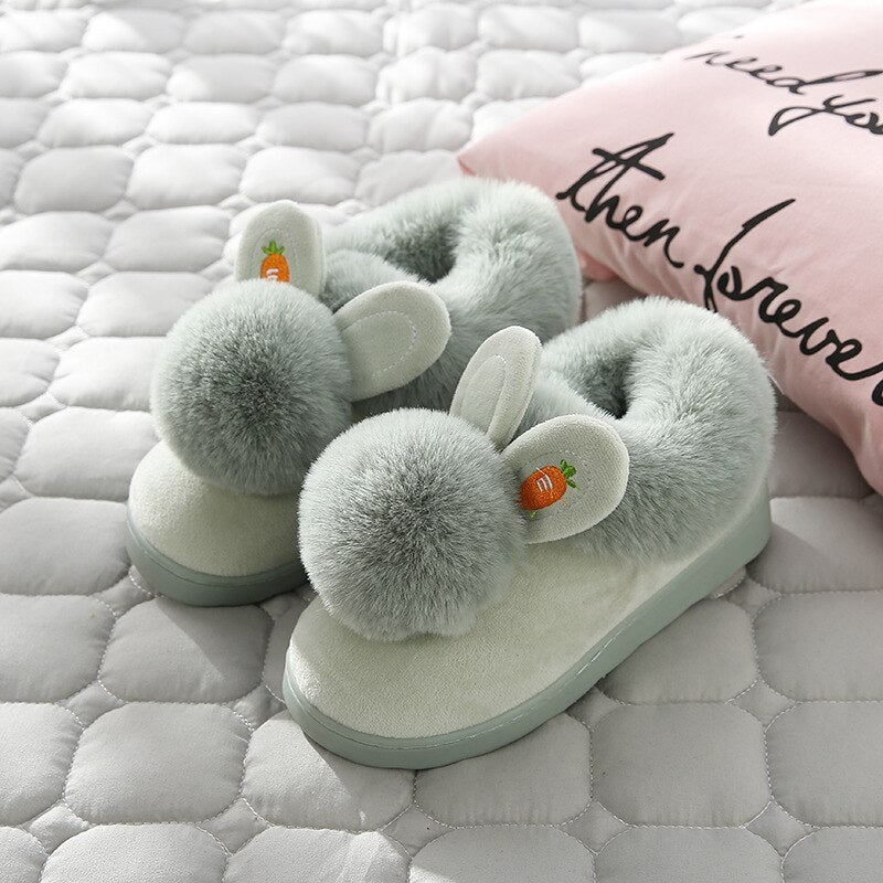 Winter Cotton Slippers Indoor Thick Bottom Autumn Winter Warm Shoes Cute Lovely Rabbit Ear Plus Plush Slippers Shoes Women