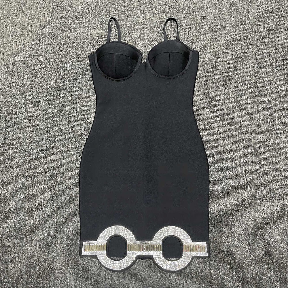 Sexy suspender bandage skirt with diamond hollow celebrity slim fit hip-hugging dress