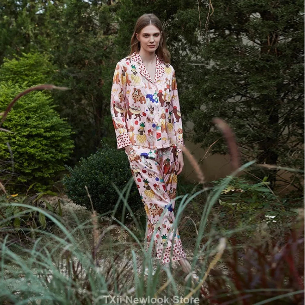 Ice Silk Pajamas Women's High-end Lapel Spring and Summer Long Sleeve Home Suit