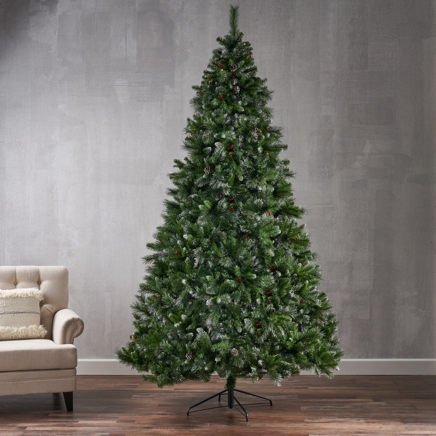 Christmas Tree - 9' Glitter Bristle Mixed Hinged Tree with 72 Red Berry and 73 Pine Cones and 2099 tips,Dia:66