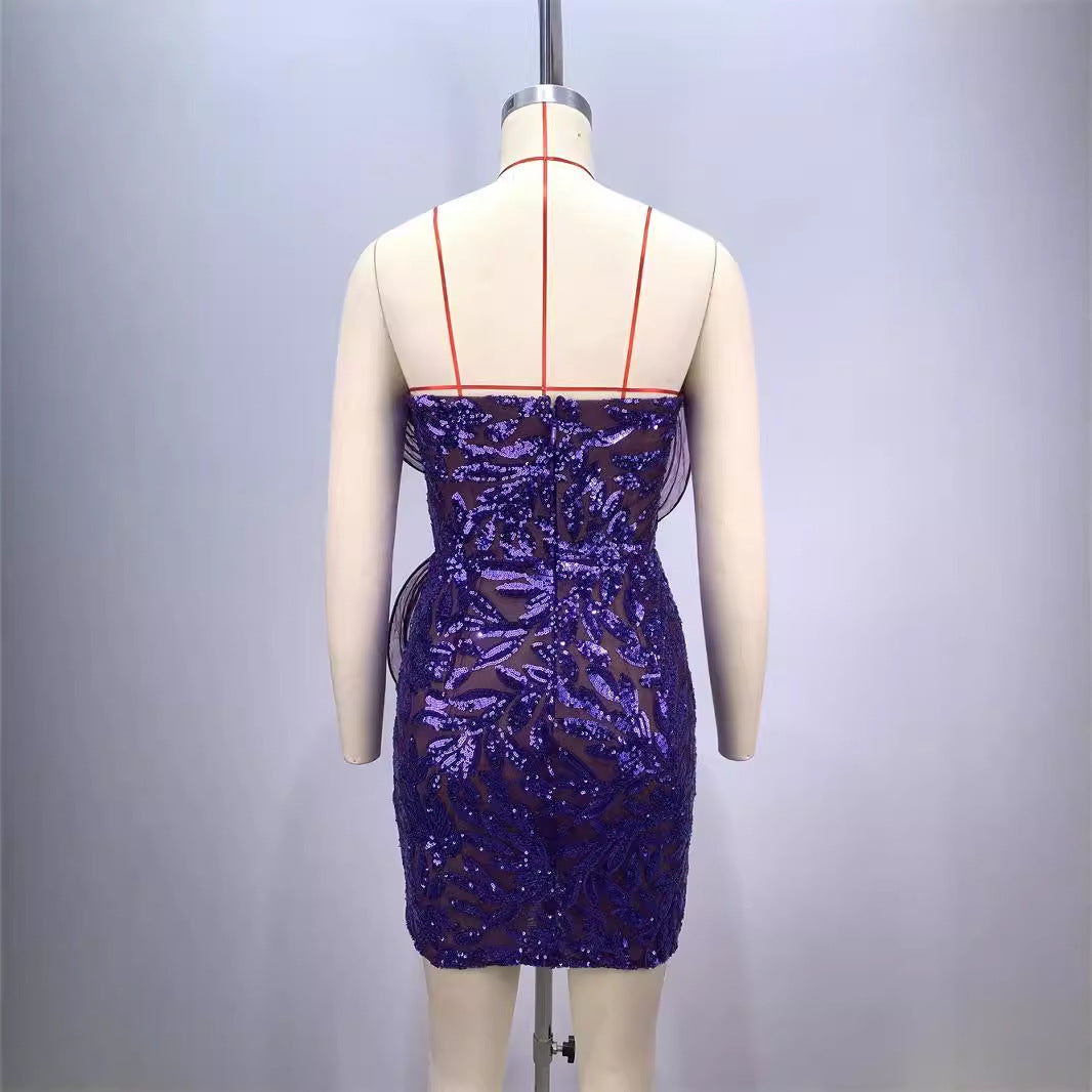 Fashionable backless one shoulder design strapless mesh sequin tight purple mini dress