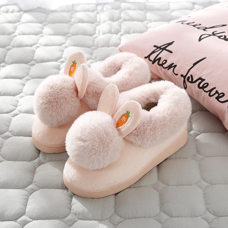 Winter Cotton Slippers Indoor Thick Bottom Autumn Winter Warm Shoes Cute Lovely Rabbit Ear Plus Plush Slippers Shoes Women