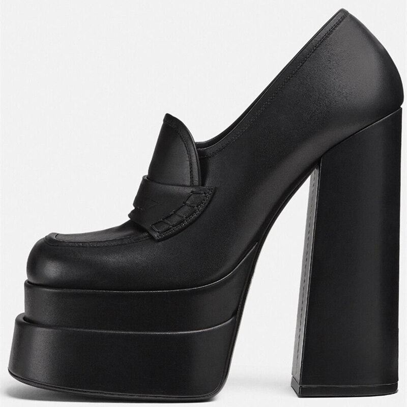 Women's Faux Leather Platform Shoes. New Waterproof High Heels. Square-Round Toe Design.