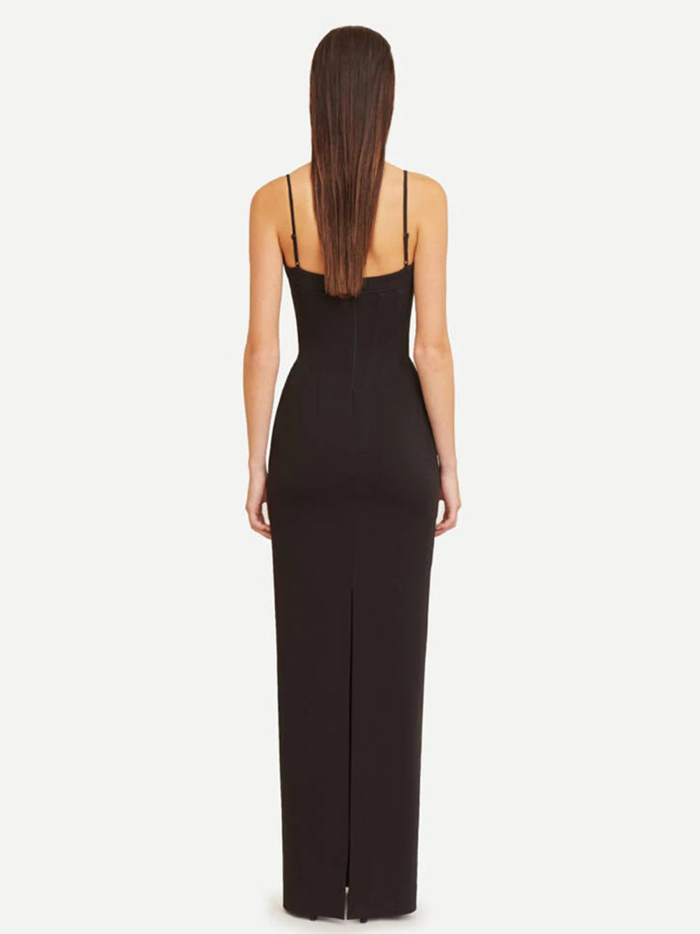 Black fashionable backless dress with thin V-shaped straps diamond decoration slim fit