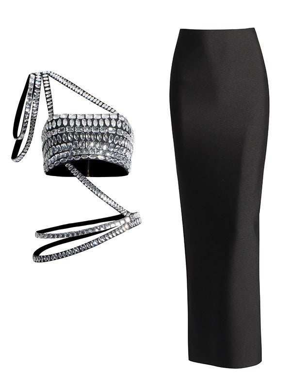 European and American style sexy suit, fashion heavy industry diamond-encrusted slanted shoulder tube top + long hip-covering skirt for women
