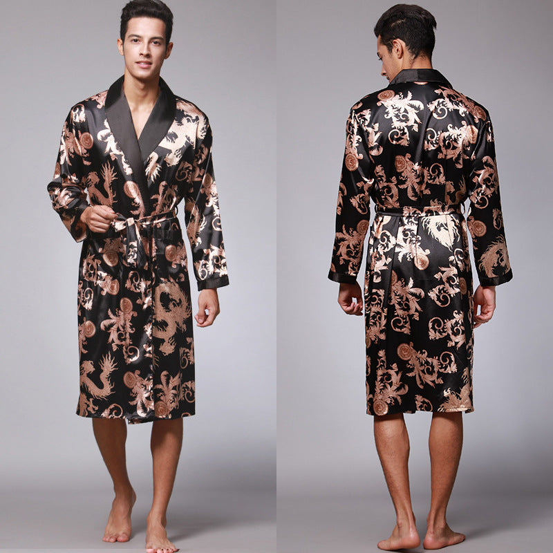 Nightgown Silk Ice Silk Men's Pajamas Men's Long Sleeve Nightgown Bathrobes Home Clothing
