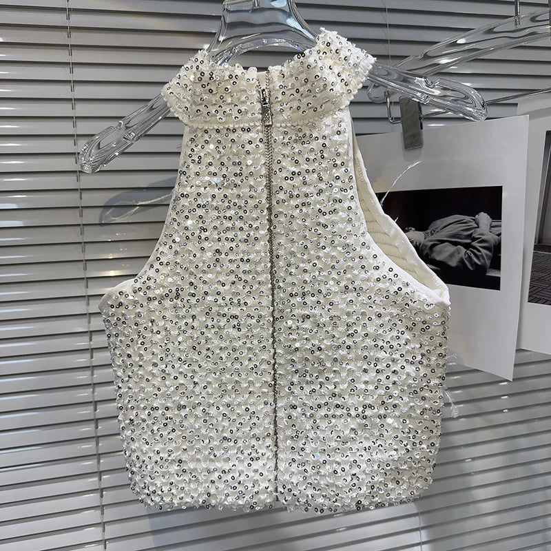New Fashion Women's Rhinestone Flower Feather Off Shoulder Hanging Neck Vest Back Zipper Design Tops