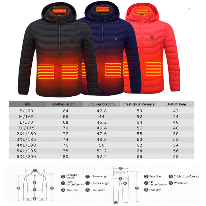 USB Rechargeable Smart Electrical 8 Plate Heating Winter Waterproof Mens Womens Long Sleeve Hoodie Down Jacket NO POWER BANK