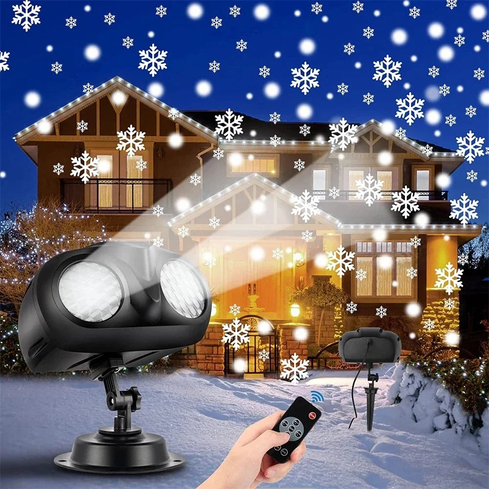 *New Christmas Decor Alert* - Double-Head Christmas Snowfall Projector Light Snowflake Projector Lamp Outdoor Holiday Party Rotating Falling Snow