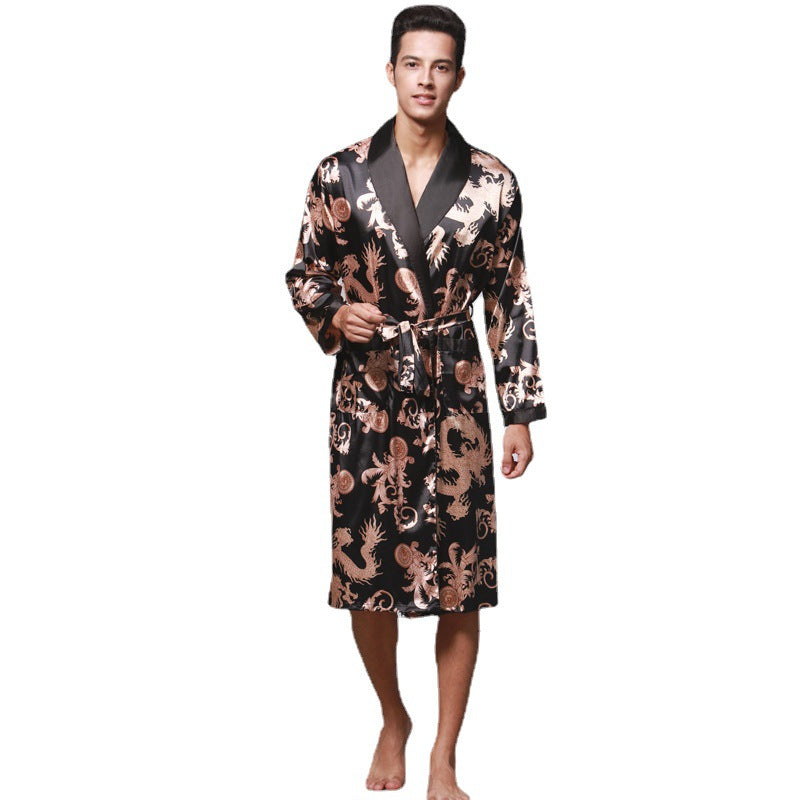 Nightgown Silk Ice Silk Men's Pajamas Men's Long Sleeve Nightgown Bathrobes Home Clothing