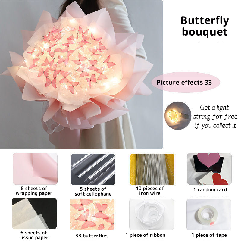 New DIY Butterfly Bouquets Handmade Butterfly Flower Material Package Bouquet with Light String Wedding Decor Gift for Girlfrien
