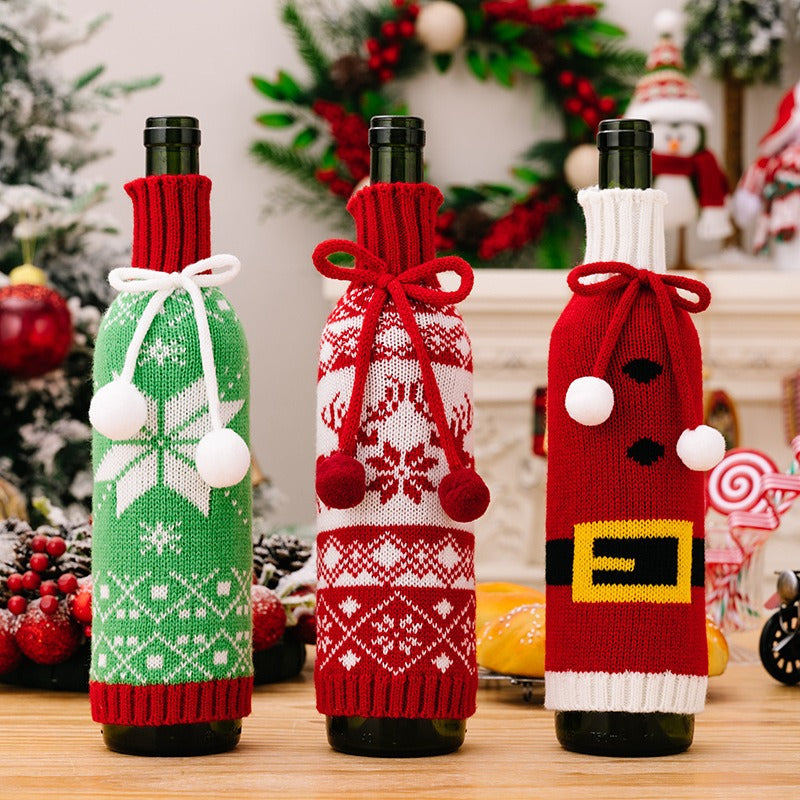 New Christmas Decorative Products Knitted Wine Bottle Set Woolen Champagne Wine Set Christmas Snowflake Wine Set