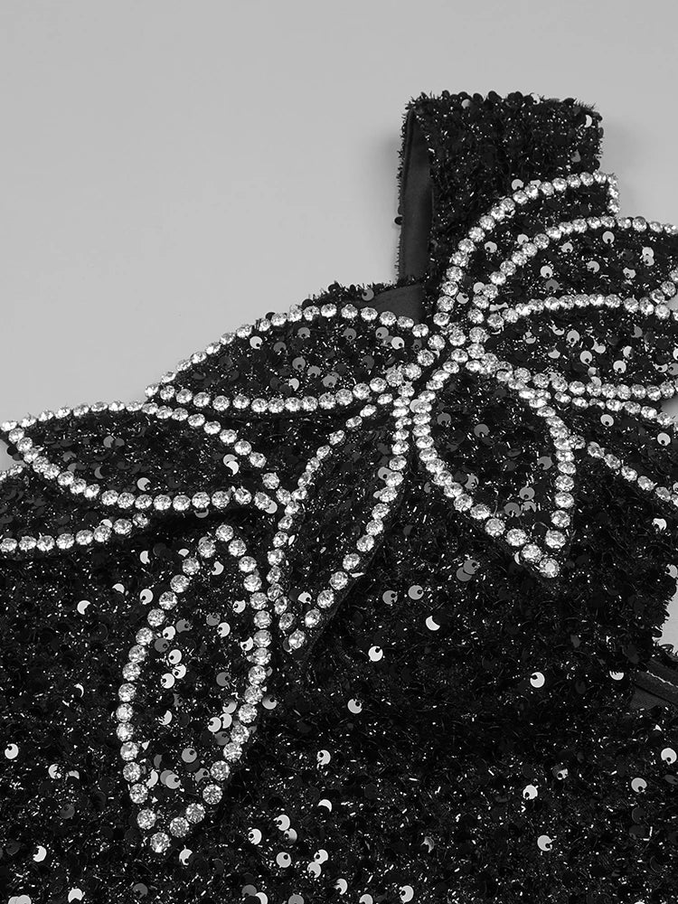 Flash Diamond V-Neck Off Shoulder Black Sequin Dress